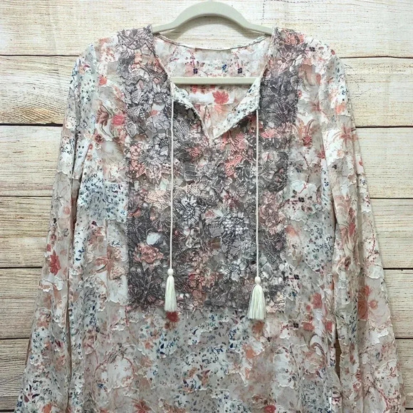 T Tahari Cierra Floral Print Blouse Split Neck - Picture 3 of 12